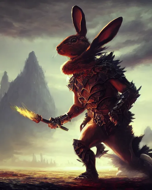 Prompt: oil painting of Angry Anthropomorphized Rabbit Berserker, wearing armor, claws, sharp focus, attack pose, fantasy style, octane render, volumetric lighting, 8k high definition, by greg rutkowski, highly detailed, trending on art Station, magic the gathering artwork, burning Battlefield background, centered