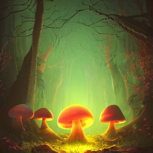 Image similar to A beautiful ultradetailed anime illustration of a group of glowing mushrooms in a dark forest by beeple, studio ghibli, wallpaper, highly detailed, trending on artstation