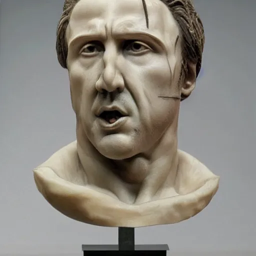 Prompt: hellenic marble sculpture of Nicolas Cage, realistic human anatomy sculpture, detailed anatomy, perfect anatomy, intricate sculpture, chiseled muscles, godlike