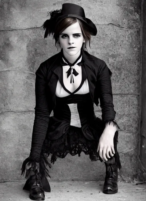 Prompt: Emma Watson for Victorian Secret as goth, squatting pose, full length shot, extremely detailed, XF IQ4, 50MP, 50mm, f/1.4, ISO 200, 1/160s, natural light, Adobe Lightroom, rule of thirds, symmetrical balance, depth layering, polarizing filter, Sense of Depth