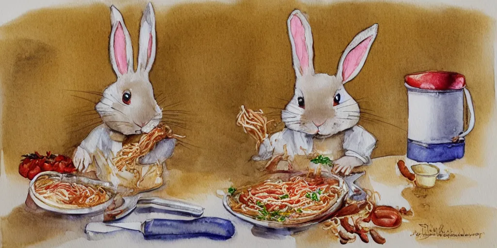 Prompt: a rabbit dressed as a chef cooks spaghetti bolognese in a french kitchen, watercolour