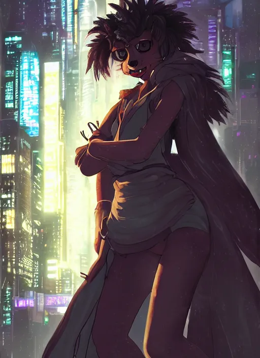 Image similar to character portrait of a cute beautiful attractive female anthro hyena fursona with long black curly hair wearing jedi robes in a cyberpunk city at night while it rains. hidari, color page, tankoban, 4K, tone mapping, Akihiko Yoshida.