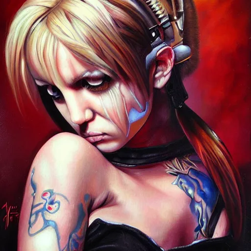 Image similar to detailed portrait of emo britney spears anime intricate, hyper detailed, realistic, oil painting, by julie bell, frank frazetta, cinematic lighting