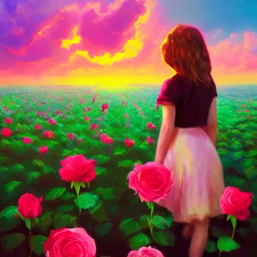 Image similar to large rose for face, girl frontal in a flower field, surreal photography, sunrise dramatic light, impressionist painting, colorful clouds, digital painting, artstation, simon stalenhag