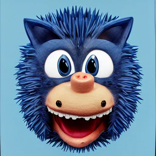 Image similar to anthropomorphic blue hedgehog with human teeth, studio portrait