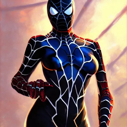 Prompt: greg manchess portrait painting of a light female venom iron spiderman as overwatch character, medium shot, asymmetrical, profile picture, organic painting, sunny day, matte painting, bold shapes, hard edges, street art, trending on artstation, by huang guangjian, gil elvgren, ruan jia, greg rutkowski, gaston bussiere