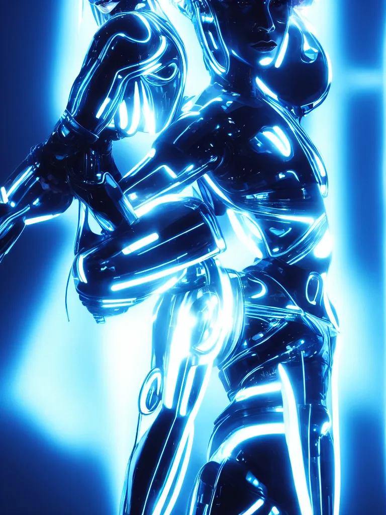 Prompt: cinematic, portrait photography, a beautiful beyonce cyborg, perfect bionic body, blue chrome armor, neon holographic ui data displays, blue led details, hajime sorayama, masamune shirow, tron, symmetrical pose, octane rendered, 4 k, lens flare,