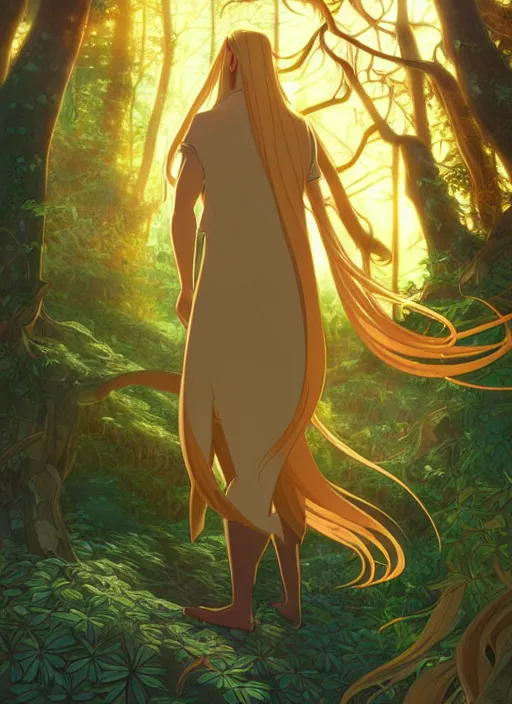 Image similar to book cover design, slender young man with long golden blond hair, shiny and sparkling, from behind, back shot, lost in a magical forest, natural lighting, path traced, highly detailed, high quality, cartoon, digital painting, by don bluth and ross tran and studio ghibli and alphonse mucha