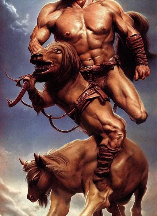 Prompt: muscled Peter Dinklage as Tyrion Lannister riding a pony beast, Boris Vallejo, Julie Bell, Zdzisław Beksiński, Ed Binkley, Mark Brooks Frank Frazetta, Greg Hildebrandt, Tim Hildebrandt, Alex Horley, Ralph Horsley, Peter Andrew Jones, Eddie Mendoza, Earl Norem, Greg Rutkowski, Michael Whelan, Artgerm