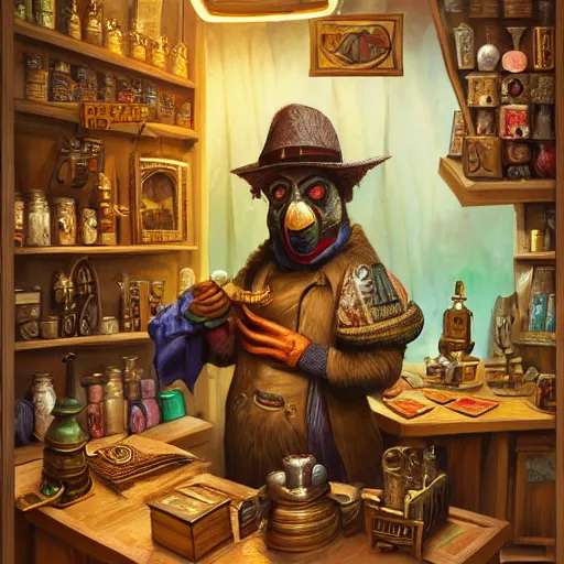 Prompt: A Anthropomorphized parrot trader in his shop, selling his wares, portrait, items, gold, carpet, window, sly expression, cunning expression, presenting wares, holding a gold bag, D&D, fantasy, cinematic lighting, highly detailed, digital painting, artstation, concept art, smooth, sharp focus, illustration, warm light, cozy warm tint, magic the gathering artwork, volumetric lighting, 8k, art by Akihiko Yoshida, Greg Rutkowski