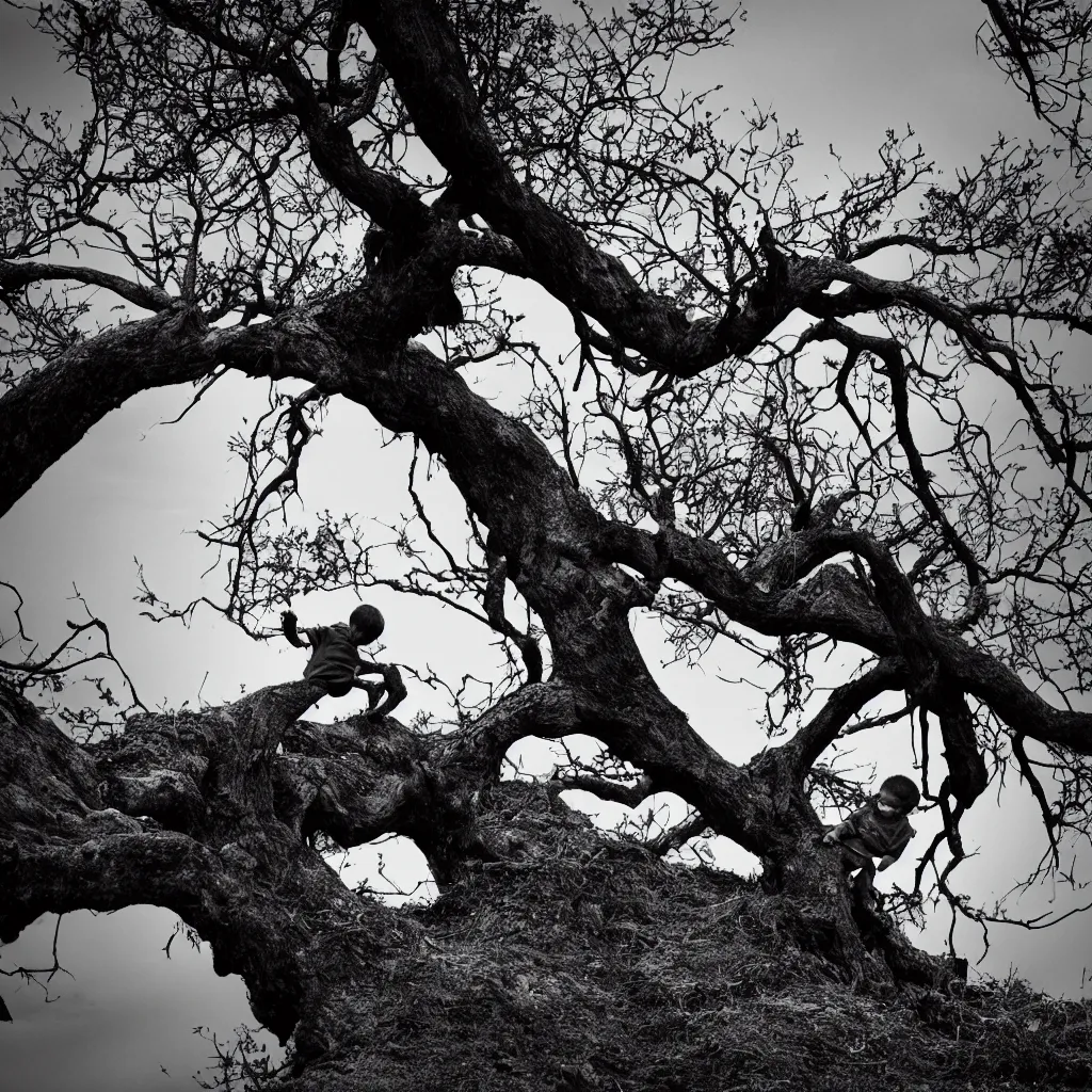 Prompt: little boy sitting and reaching for a branch in front of a dead tree placed upon a cliff, behind a fence, hazy memory, volumetric, dark black and white in the style of alvin schwartz, epic angles