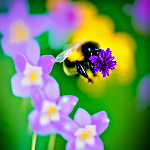 Image similar to surreal composite bumble bee made of flowers, pedicel legs, flower petal wings, siting on a finger, 5 0 mm lens, f 1. 4, sharp focus, ethereal, emotionally evoking, head in focus, volumetric lighting, blur dreamy outdoor