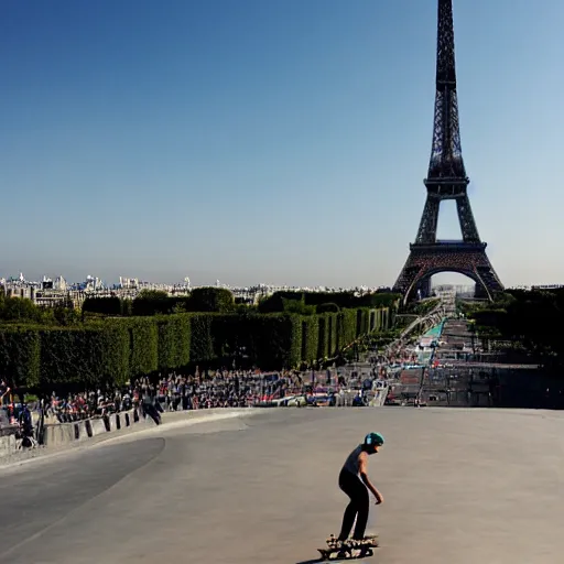 Prompt: skateboarding down the eiffel tower