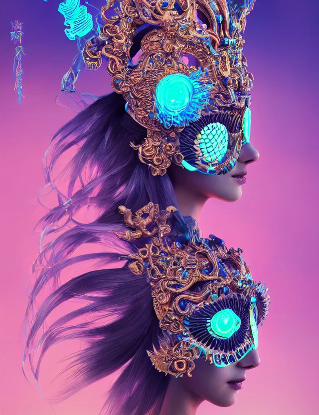 Image similar to 3 d goddess close - up profile portrait with crown, ram skull. beautiful intricately detailed neon japanese crow kitsune mask and clasical japanese kimono. betta fish, jellyfish phoenix, bio luminescent, plasma, ice, water, wind, creature, artwork by tooth wu and wlop and beeple and greg rutkowski