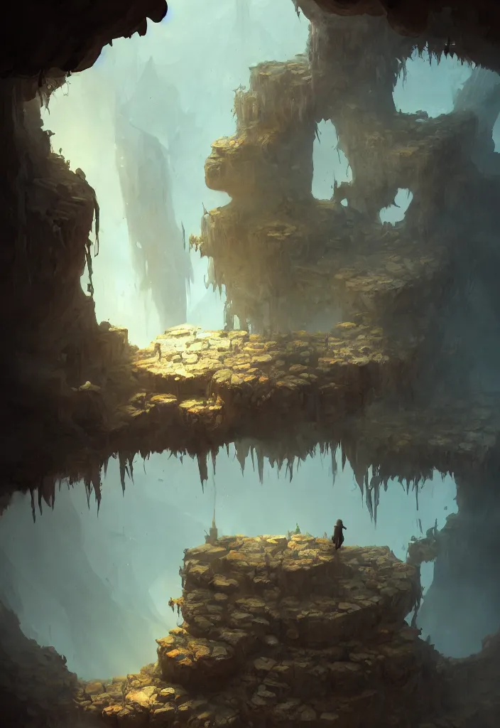 Image similar to a concept art painting of an explorer at the bottom of an ancient well, upward angle, dramatic shadows, a monster crawls on the walls by tuomas korpi, pablo carpio, gilles beloeil, trending on artstation, highly detailed, atmospheric, directional lighting, cinematic