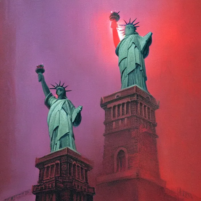 Prompt: statue of liberty in underground city, red and purple palette, volume light, fog, by ( h. r. giger ) and paul lehr