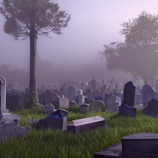 Image similar to still shot of a grave yard covered in morning fog, highly detailed, photorealistic portrait, bright studio setting, studio lighting, crisp quality and light reflections, unreal engine 5 quality render