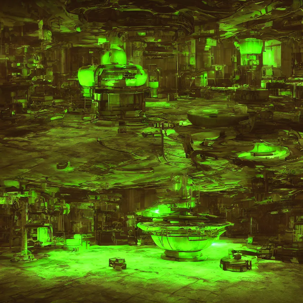 Image similar to secret under ground base with a green glowing uranium tank, octane render, xray melting colors