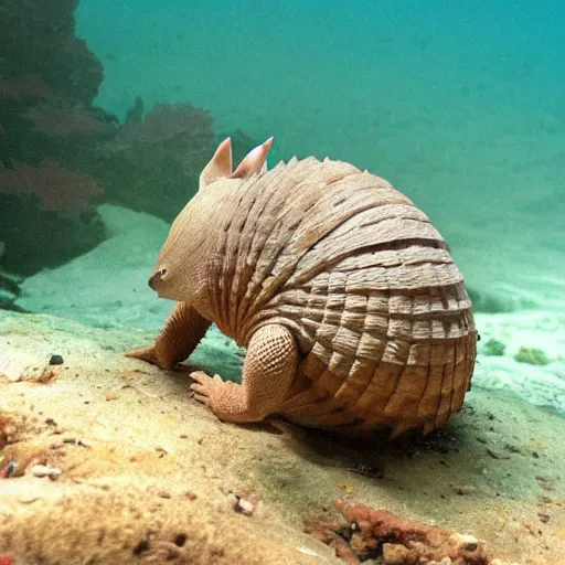 Prompt: an armadillo with a red hat underwater