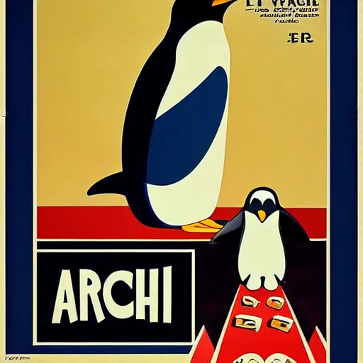 Prompt: “Art Deco retro movie poster advertising arch Linux including an arch and a penguin and the word ARCH”