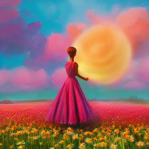 Prompt: giant daisy flower on the head, full body girl standing in a flower field, surreal photography, sunrise, dramatic light, impressionist painting, colorful clouds, digital painting, artstation, simon stalenhag