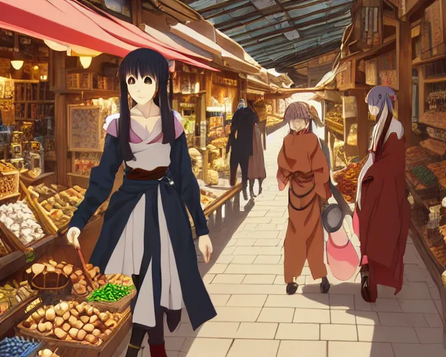 Prompt: anime visual, portrait of a young female traveler in an open medieval market shopping, cute face by katsura masakazu, yoh yoshinari, cinematic luts, cold studio lighting, dynamic pose, dynamic perspective, strong silhouette, anime cels, murata range, cel shaded, rounded eyes