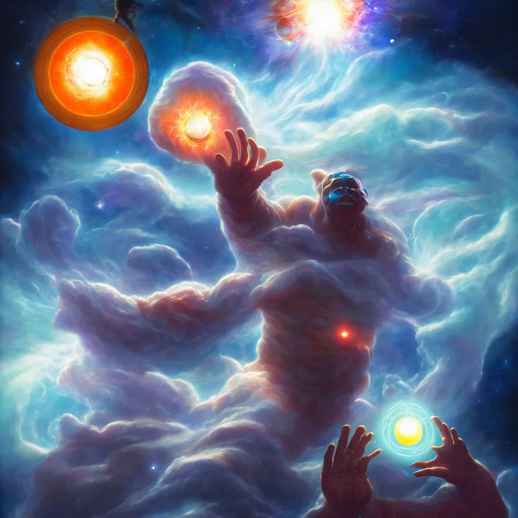 Image similar to giant celestial god levitating a solar system between it's hands, space, planet, clouds, nebula, creature, monster, alien, colorful, high constrast, lens flare, oil painting, detailed, 4 k, 8 k, peter mohrbacher