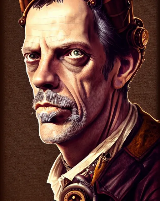 Image similar to steampunk portrait of hugh laurie, au naturel, hyper detailed, digital art, trending in artstation, cinematic lighting, studio quality, smooth render, unreal engine 5 rendered, octane rendered, art style by klimt and nixeu and ian sprigger and wlop and krenz cushart.