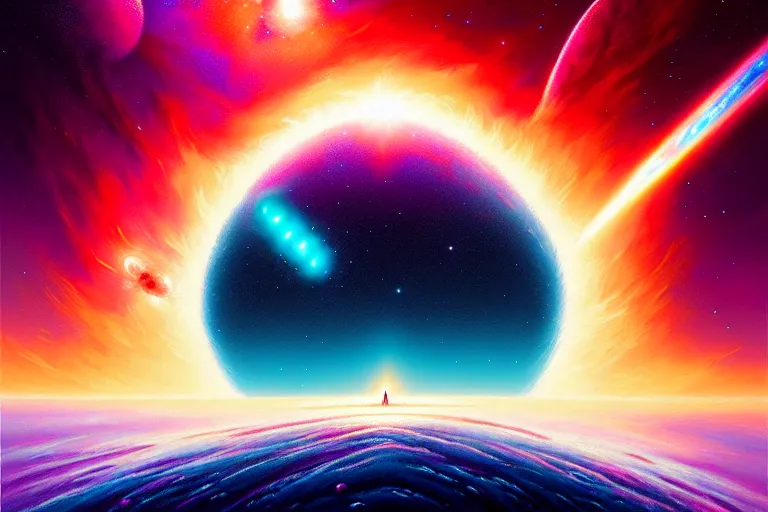 Prompt: standing on the shoulders of giants, celestial collision, birth of a star by christopher balaskas and john harris and dan mumford and josan gonzalez, hyperrealistic, high detail, ultra detailed, space, nebula, sharp focus, stellar formation, astronomy, science