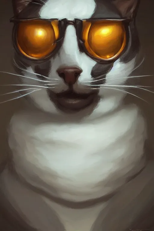 Image similar to cute anthropomorphic Portrait of a tuxedo cat, art portrait, matte fantasy painting, Cg society, Artstation, by Salvador Dali by Steve Argyle by Tyler Jacobson by Peter Mohrbacher, cinematic lighting