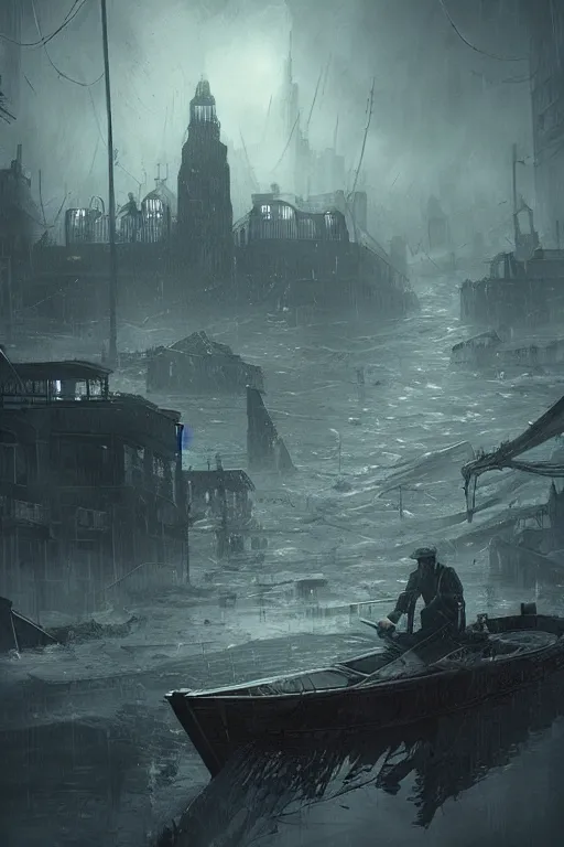 Image similar to sinking city, flood, lovecraftian, chaos, digital art, in the style of greg rutkowski, trending on artstation