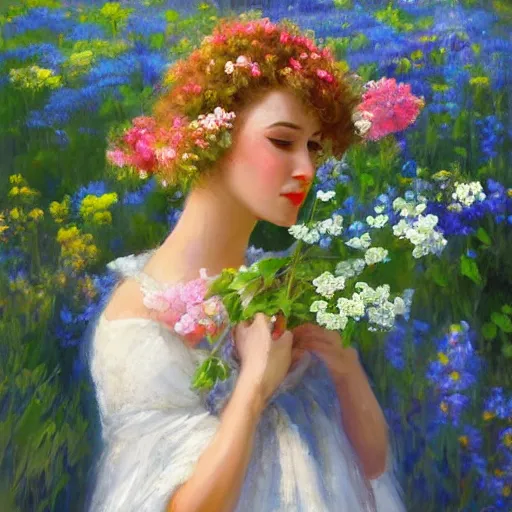 Image similar to a portrait of a romantic woman with flowers grow out of hair, roses peonies forget-me-nots dahlias lupins gladioli, sky theme in background, by Alexandr Averin, Digital Art, Trending on artstation