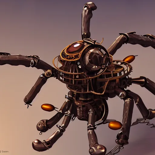 Image similar to 2d game art side view of mechanical steampunk spider, full body view, looking at the side, game character design, articulated joints, detailed, blank background, 8k, octane render, unreal engine