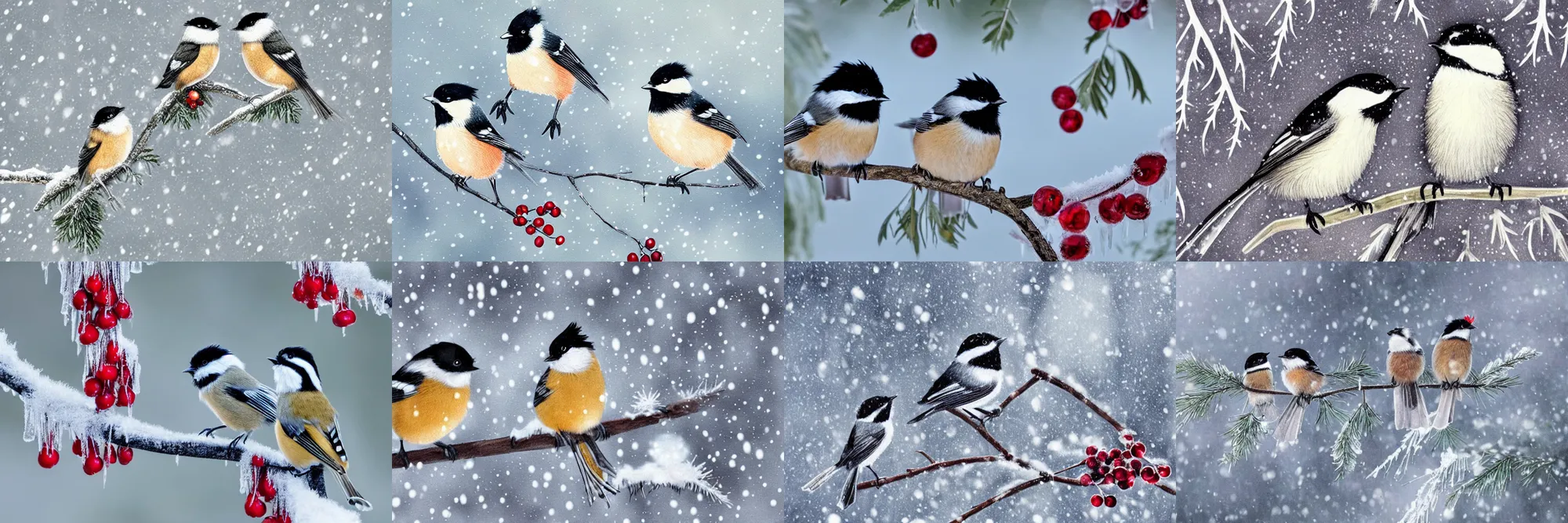 Prompt: a pair of chickadees, sitting on the branch of a mountain ash tree, with red berries and icicles hanging down, in the winter, snowing, gray sky with wispy clouds, in the style of a children's book illustration