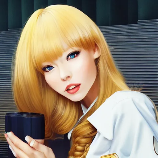 Image similar to a beautiful woman wearing a mcdonald's uniform, blonde, long hair, pixiv, hyperrealistic