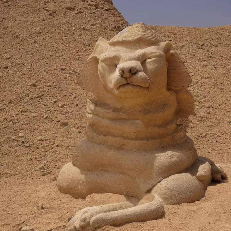 Image similar to a shiba-inu stone sphinx in the egyptian desert