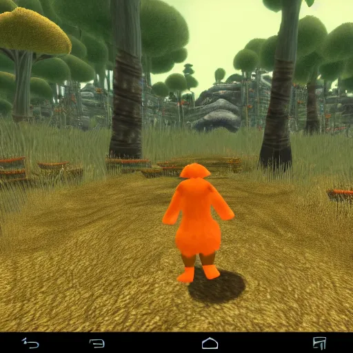 Image similar to bip bippadotta in morrowind, orange fuzzy muppet, screenshot