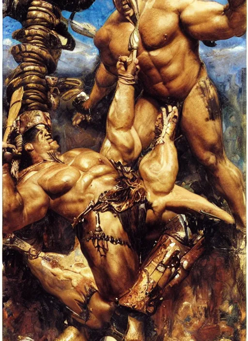 Image similar to huge morgan aste as hercules dressed in animal skins, by john berkey and lawrence alma tadema and rick berry and norman rockwel
