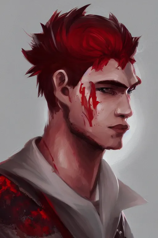 Image similar to A handsome man with a blood red hair in the style of risk of rain, white eyes, fantasy, portrait, sharp focus, intricate, elegant, digital painting, artstation, matte, highly detailed, concept art, illustration, ambient lighting