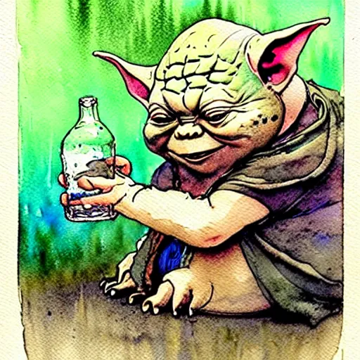 Prompt: a realistic and atmospheric watercolour fantasy character concept art portrait of a fat chibi homeless yoda drinking out of a broken bottle, by rebecca guay, michael kaluta, charles vess and jean moebius giraud