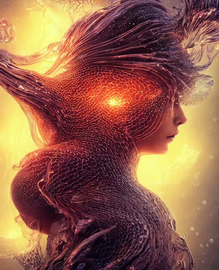 Image similar to close-up macro portrait of the face of a beautiful princess, epic angle and pose, symmetrical artwork, 3d with depth of field, blurred background, cybernetic jellyfish female face skull phoenix bird, translucent, nautilus, energy flows of water and fire. a highly detailed epic cinematic concept art CG render. made in Maya, Blender and Photoshop, octane render, excellent composition, cinematic dystopian brutalist atmosphere, dynamic dramatic cinematic lighting, aesthetic, very inspirational, arthouse. y Greg Rutkowski, Ilya Kuvshinov, WLOP, Stanley Artgerm Lau, Ruan Jia and Fenghua Zhong