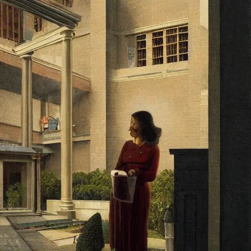 Image similar to detailed face of an intelligent scholarly woman with kind eyes in a architectonic capital courtyard at a science expo, atmospheric, ambient, pj crook, syd mead, livia prima, artgerm, greg rutkowski, nick alm, casey baugh