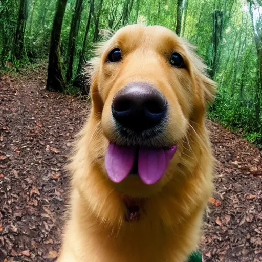 Image similar to selfie of a golden retriever dog showing tongue in front of a rainforest