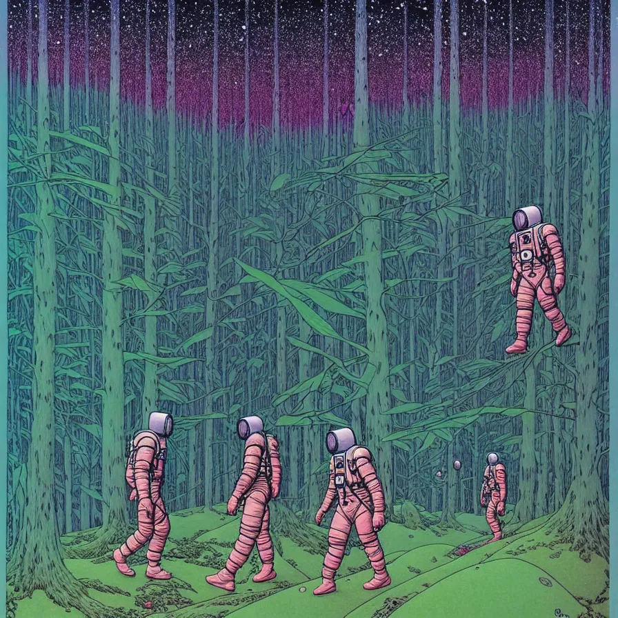 Image similar to ( ( ( ( astronauts walking through a mysterious forest, with decorative frame design ) ) ) ) by mœbius!!!!!!!!!!!!!!!!!!!!!!!!!!!, overdetailed art, colorful, artistic record jacket design