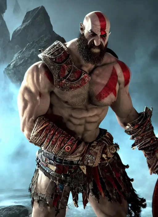 Image similar to muscular armored screaming kratos rocking out on a flaming stratocaster guitar, cinematic render, god of war 2 0 1 8, playstation studios official media, lightning, flames, left eye stripe, left eye stripe, left eye stripe, left eye stripe, clear, coherent