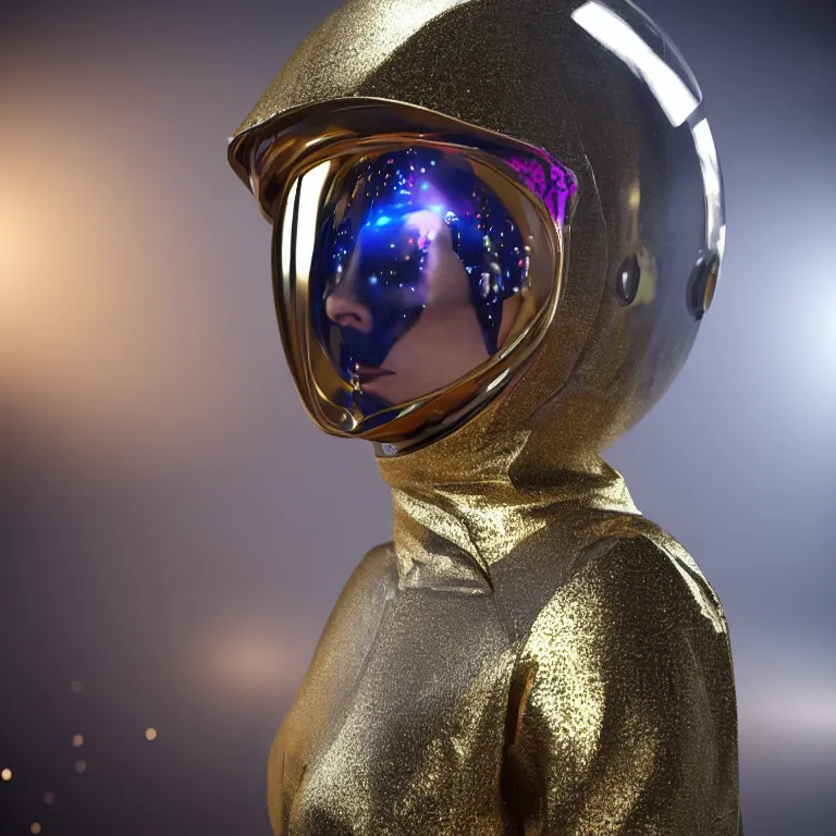 Prompt: octane render portrait by wayne barlow and carlo crivelli and glenn fabry, subject is a woman covered in colorful aluminum foil space suit with an iridescent metallic space helmet visor, floating inside a futuristic black and gold space station, cinema 4 d, ray traced lighting, very short depth of field, bokeh