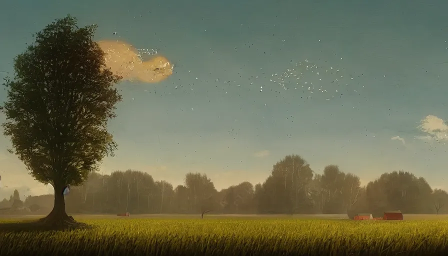 Image similar to open field with solar panels, sun in the sky, early morning, single tree, farmhouse, simon stalenhag