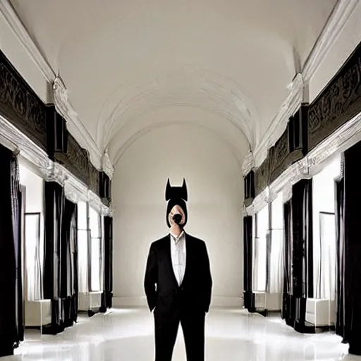 Image similar to Batman standing in giant Italian modern castle living room, clean minimalist design, that is 1300 feet tall, with very tall giant walls filled with modern art paintings, doors that are cosmic portals, photo by Annie Leibovitz