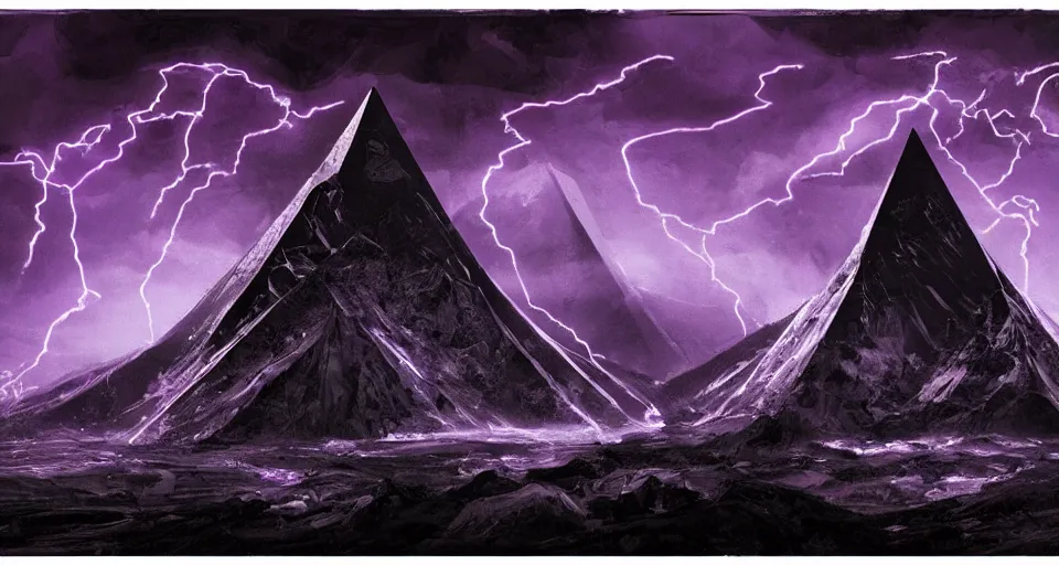 Image similar to black lovecraftian eldritch!! obsidian pyramid!! purple light beams on a snowy mountain, being found by explorers, snowy, windy, by eugene von guerard, ivan shishkin, night, red lightning!!, storm!, dramatic lighting, concept art, trending on artstation, 8 k