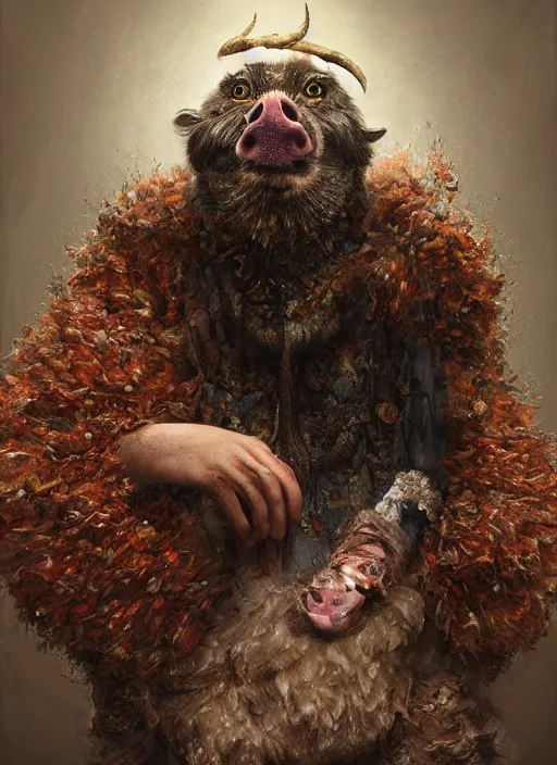 Image similar to a hyper detailed painting of an anthropomorphic joaquin phoenix as the king of animals, cow horns, pig nose, sheep wool, chicken feathers, horror, by anna podedworna, by miklos ligeti, by diego maricato, by taran fiddler, by antonino truisi, by chris reddie, on artstation